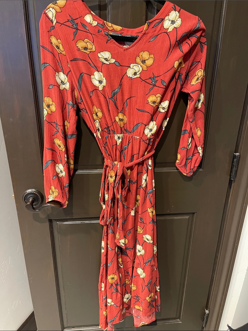 West Kei Red Floral Midi Dress with Yellow & Cream Blooms